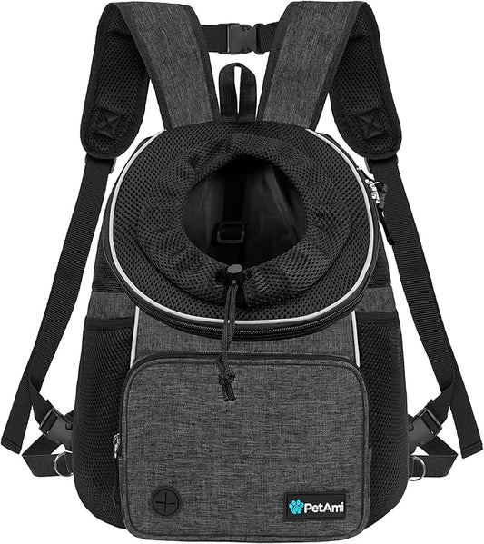 PetAmi Adjustable Dog & Cat Chest Carrier Backpack, Ventilated for Hiking & Camping, Small to Large Pets, Max 10 lbs, Dark Gray