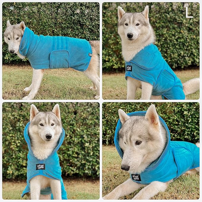 Tuff Pupper Fast Drying Dog Bath Robe | 800 GSM Plush Dog Towel Bathrobe/Dressing Gown | Super Absorbent Pet/Puppy Bathrobe | Adjustable Hood & Belly Strap | Super Soft | Fast Drying (L, Blue)