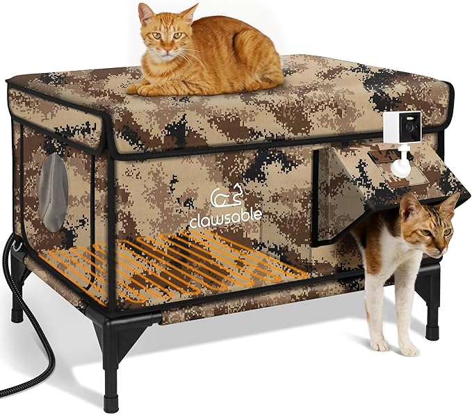 Indestructible Heated Cat House with Pet Camera for Outside Winter, 100% Waterproof, Escape Door, Insulated Outdoor Cat Shelter with Heater for Feral Barn Cat Kitty (Desert Camouflage, 26"x16"x18")