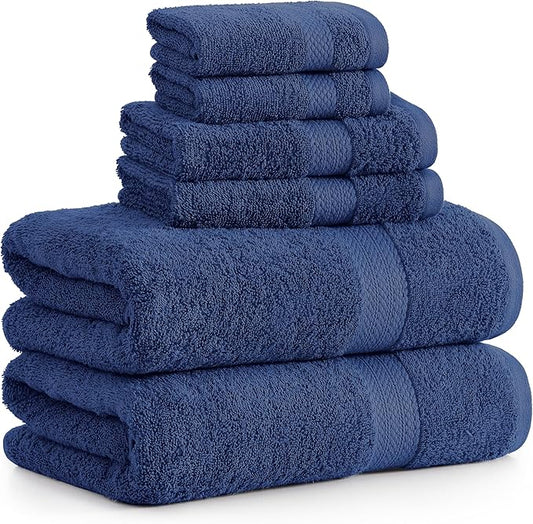 LANE LINEN 100% Cotton Bathroom Towel Set - 6 Pieces - Ring Spun, Super Soft & Highly Absorbent - 2 Bath, 2 Washcloths, 2 Hand Towels for Bathroom - Minimal Lint & Fading, Pre Shrunk - Navy Blue