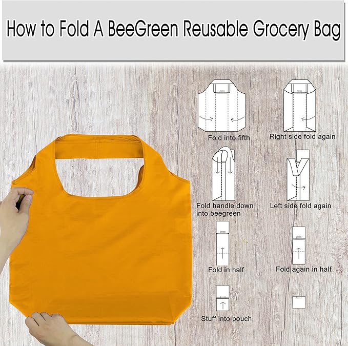 BeeGreen Yellow Reusable Grocery Bags Light Orange Shopping Bags Bulk 50LBS X-Large Foldable Heavy Duty 10 Pieces