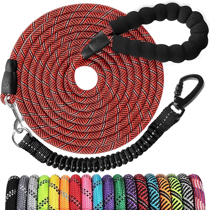 Long Dog Leash 10 FT: Heavy Duty Rope Leashes for Dogs Training with Swivel Lockable Hook Reflective Threads Bungee and Padded Handle - Dog Lead for Large Small Medium Dogs Outside Walking Hiking Red