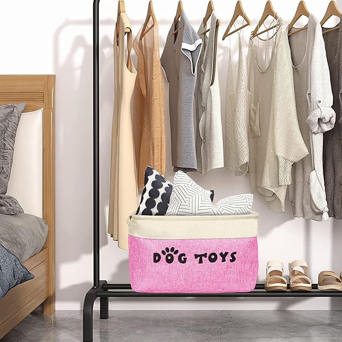 PET ARTIST Dog Toy Basket, Collapsible Dog Toy Bin Box with Comfortable Handles, Large Pet Toy Storage Organizer for Accessories, Toys, Coat & Clothing, Blanket & Leash, Pink, 15"x11"x9"