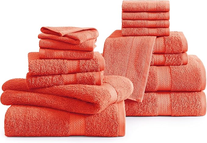 LANE LINEN 100% Cotton Luxury Bathroom Towel Set - 16 Pcs - Ring Spun, Quick Dry, Super Soft & Absorbent - 4 Bath, 8 Washcloths, 4 Hand Towels - Remains Fluffy After Multiple Washes - Living Coral