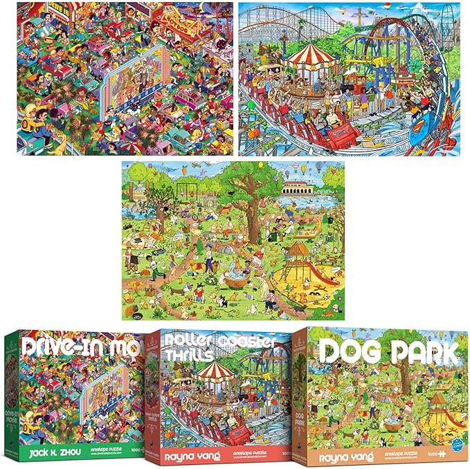 ANTELOPE 3 in 1 1000 Piece Puzzle Bundle - Dog Park, Drive in Movie, Roller Coaster - 1000 Piece Jigsaw Puzzle, Cartoon Style, 15 Years and Up