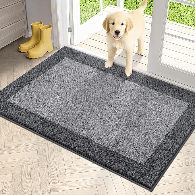PURRUGS Dirt Trapping Door Mat 32" x 48", Non-Slip/Skid Machine Washable Entryway Rug, Shoes Scraper, Throw Rug, Super Absorbent Area Rug for Muddy Wet Shoes and Paws, Light Grey & Grey