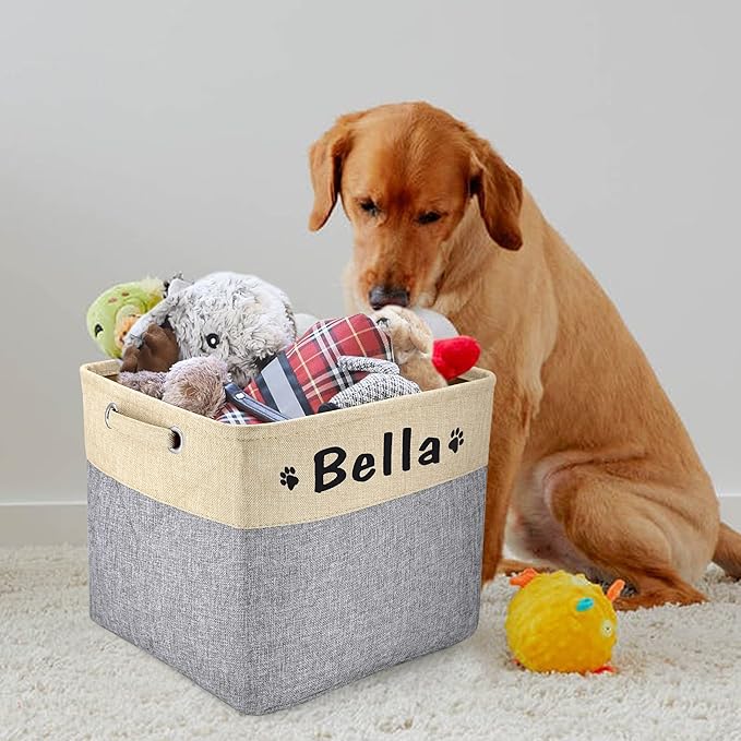 PET ARTIST Collapsible Dog Toy Storage Basket Bin with Personalized Pet's Name - Rectangular Storage Box Chest Organizer for Toys, Clothing, Apparel & Accessories (Grey Big One)