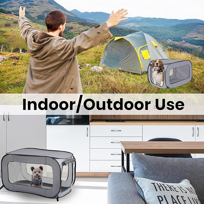 Beatrice Home Fashions Portable, Collapsible, Pop Up Kennel Travel Cat and Dog Crate, 24" L x 16.6" W x 16" H, Gray