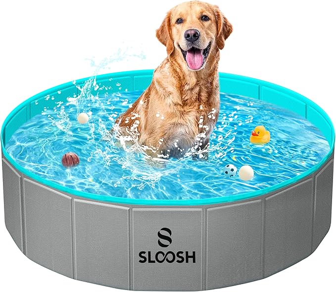 Sloosh Foldable Dog Kiddie Pool - Portable Hard Plastic Doggie Swimming Pool, Anti-Slip Collapsible Pets Bath Tub Suitable for Kids Toddler Indoor Outdoor Backyard Use (Gray, 32" x 8")