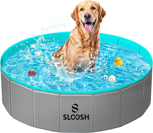 Sloosh Foldable Dog Kiddie Pool - Portable Hard Plastic Doggie Swimming Pool, Anti-Slip Collapsible Pets Bath Tub Suitable for Kids Toddler Indoor Outdoor Backyard Use (Gray, 32" x 8")