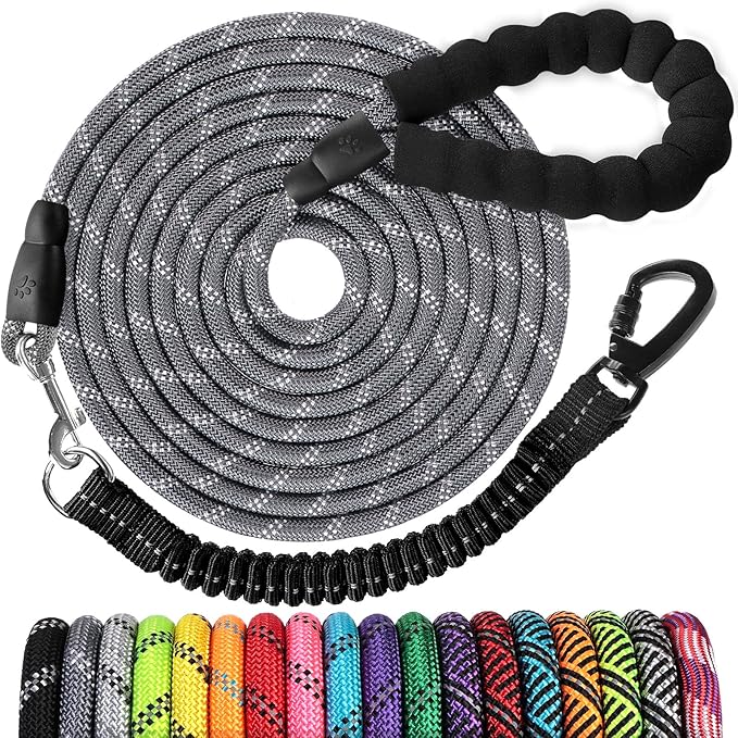 Long Dog Leash 15 FT: Heavy Duty Rope Leashes for Dogs Training with Swivel Lockable Hook Reflective Threads Bungee and Padded Handle - Dog Lead for Large Small Medium Dogs Outside Walking Hiking Grey