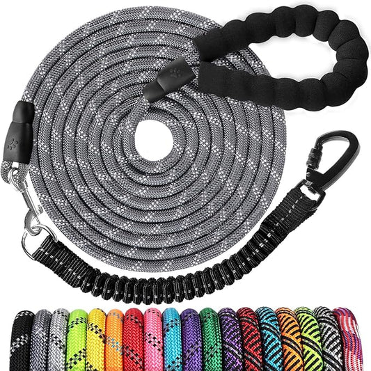 Long Dog Leash 15 FT: Heavy Duty Rope Leashes for Dogs Training with Swivel Lockable Hook Reflective Threads Bungee and Padded Handle - Dog Lead for Large Small Medium Dogs Outside Walking Hiking Grey