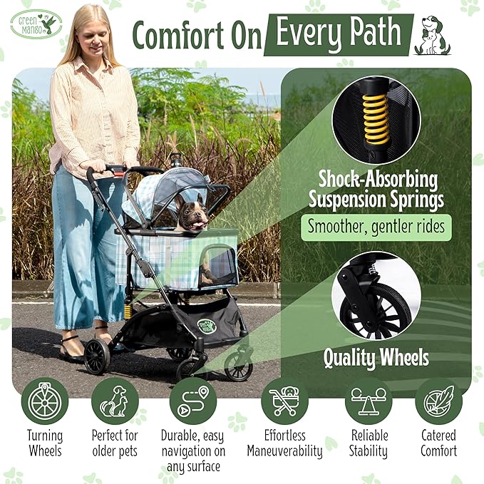 Green Mango Collapsible Pet Stroller with Suspension for Small/Medium Cats/Dogs. 3 in 1 Folding Stroller with Phone/Bottle Holder and Rain Cover, Car Seat and Storage Basket