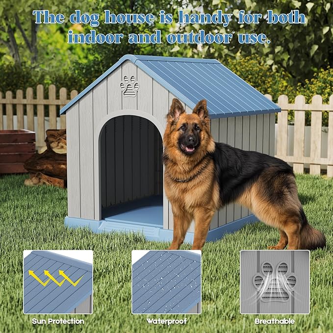 Large Dog House Outdoor Indoor for Medium Large Dogs, Durable Plastic Waterproof Doghouse with Air Vents and Elevated Floor, Easy Clean and Assemble (Light Blue, 36.2''L×38''W×38''H)