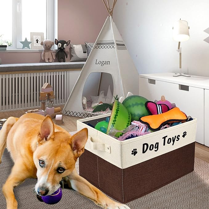 PET ARTIST Dog Toy Basket, Foldable Dog Toy Bin Box for Living Roon Area, Collapsible Storage Basket with Comfortable Handles for Pet Coat, Accessories, Brown, 15"x11"x9"