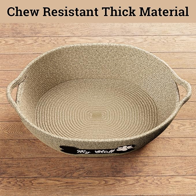 Dog Toy Basket - 100% Cotton Rope Woven Dog Toy Box for Living Room Area - Chew Proof Toybox Suitable for All Pets - Puppies to Large - Sturdy Reinforced Handles - Cute Aesthetic Design with Paw Print