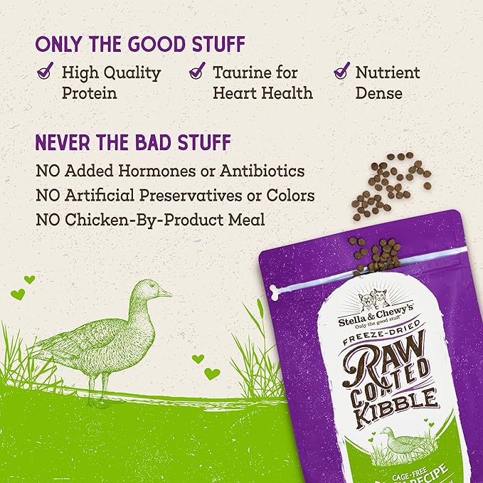 Stella & Chewy's Raw Coated Cat Food - High Protein, Grain-Free Kibble with Cage-Free Duck - Premium Digestive Support with Probiotics - All Natural Small Kibble - Perfect For Picky Eaters - 5 lb Bag
