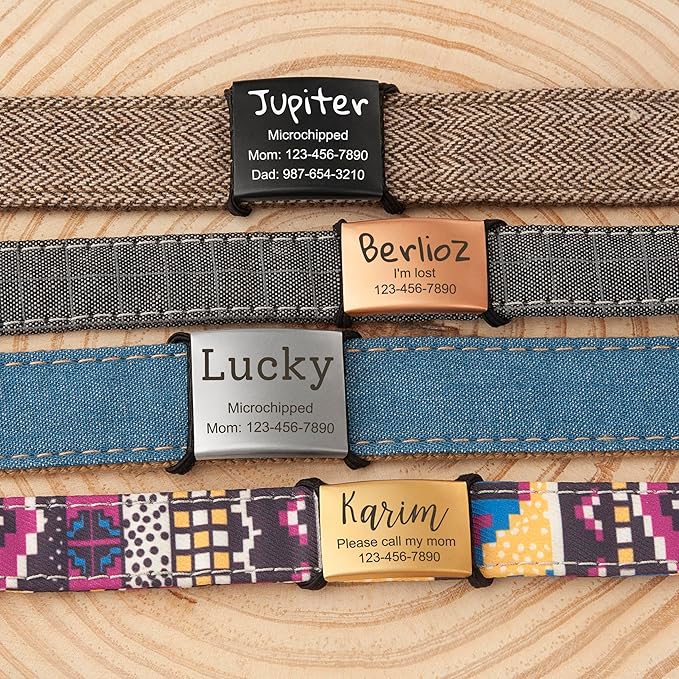 Anavia Slide On Silent Pet ID Tags, S/M/L/XL Personalized Stainless Steel Cat Dog Tag with Elastic Fabric Band, Engraved Nameplate Quiet Chew-Proof Pet Collar Tag (Gold, Large)