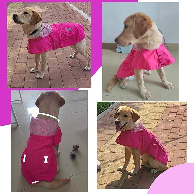 Waterproof Dog Raincoat, Adjustable Reflective Lightweight Pet Rain Clothes with Poncho Hood (X-Large, Dark Pink)