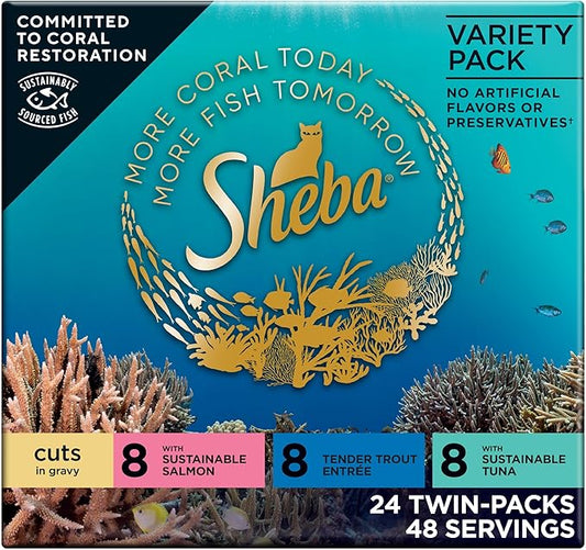 Sheba Perfect Portions Wet Cat Food Cuts in Gravy, with Sustainable Salmon, Tender Trout Entree, and with Sustainable Tuna, 2.6 oz. Twin-Pack Trays (24 Count, 48 Servings)