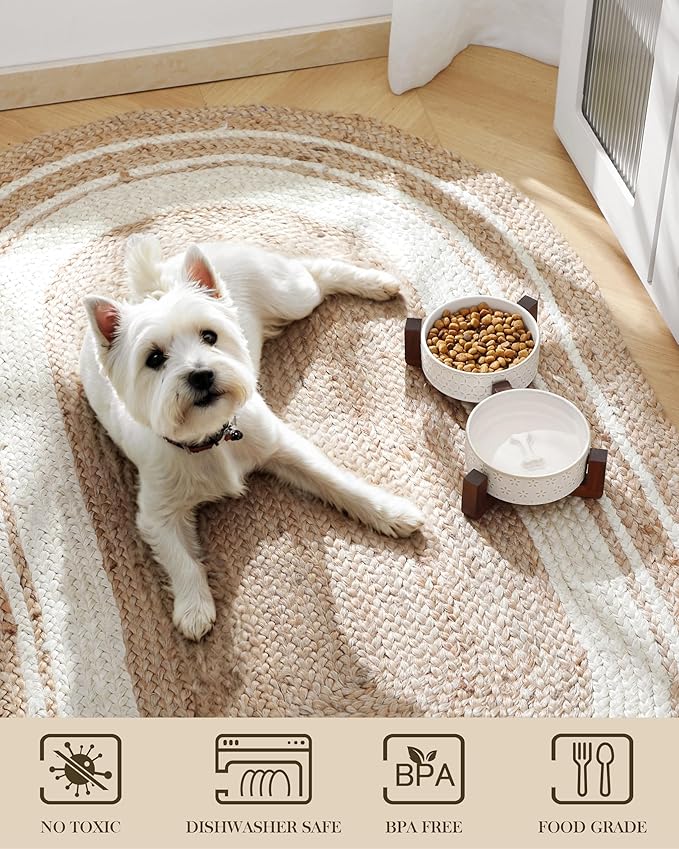 MALACASA Dog Bowl Set with Walnut Wood Stand, 1.5 Cups Ceramic Pet Bowls for Puppy Dogs, Dual Food and Water Bowls with Non-Slip Base, Basic Bowls for Your Dog or Cat, Five-Leaf Grass & Honeycomb