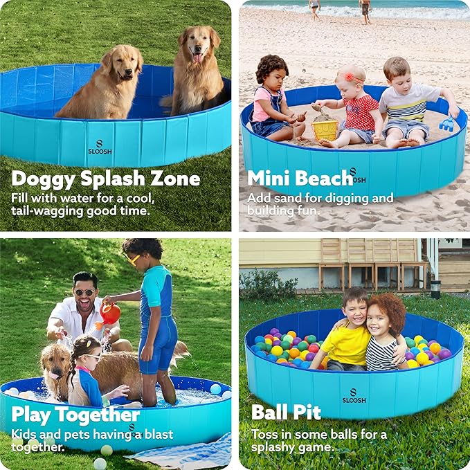 SLOOSH Foldable Dog Kiddie Pool - Portable Hard Plastic Doggie Swimming Pool, Anti-Slip Collapsible Pets Bath Tub Suitable for Kids Toddler Indoor Outdoor Backyard Use (Blue, 63" x 12")