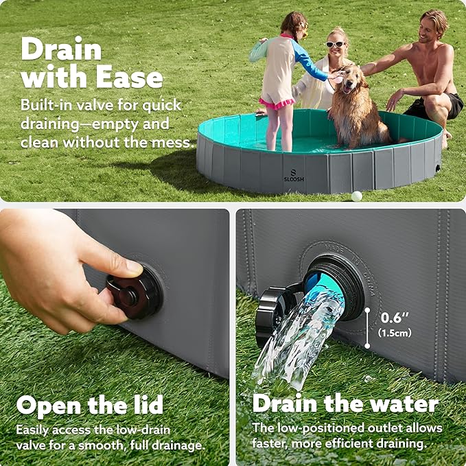SLOOSH Foldable Dog Kiddie Pool - Portable Hard Plastic Doggie Swimming Pool, Anti-Slip Collapsible Pets Bath Tub Suitable for Kids Toddler Indoor Outdoor Backyard Use (Gray, 71" x 12")