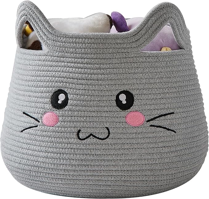 OMERAI Animal Cat Basket, Cute Cotton Rope Woven Large Blanket Basket, Toy Storage for Nursery decor and Laundry Organizer with Handles, baby hamper shower gift, 15"D x 12.6"H, Grey Open Eyes