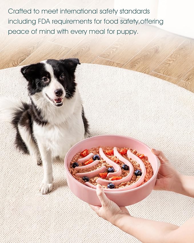 vancasso Slow Feeder Dog Bowl, 3 Cup Ceramic Slow Feeding Food Dish for Large Breed, Puzzle Dog Food Bowl for Fast Eater, Pink