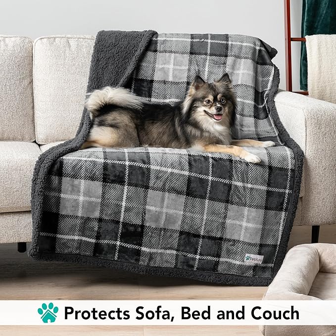PetAmi Dog Blanket for Medium Large Dogs, Pet Bed Blanket Cat Puppy Kitten, Fleece Furniture Couch Cover Protector Sofa Car, Soft Sherpa Dog Throw Plush Reversible Washable, 40x60 Plaid Dark Gray