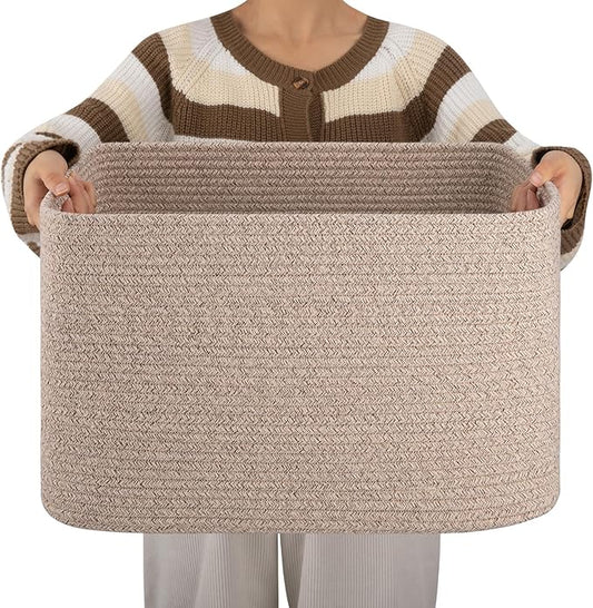 OIAHOMY Cotton Rope Basket, Rectangle Woven Nursery Blanket Basket, Toy Storage Basket with Handle, Baskets for Organizing, 18”x14”x12”, Brown variegated