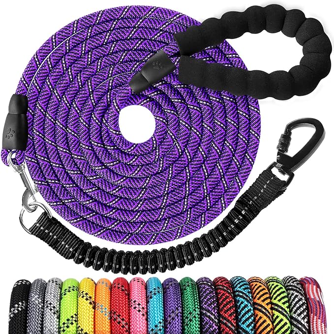 Long Dog Leash 10 FT: Heavy Duty Rope Leashes for Dogs Training with Swivel Lockable Hook Reflective Threads Bungee and Padded Handle - Dog Lead for Large Small Medium Dogs Outside Walking Hiking