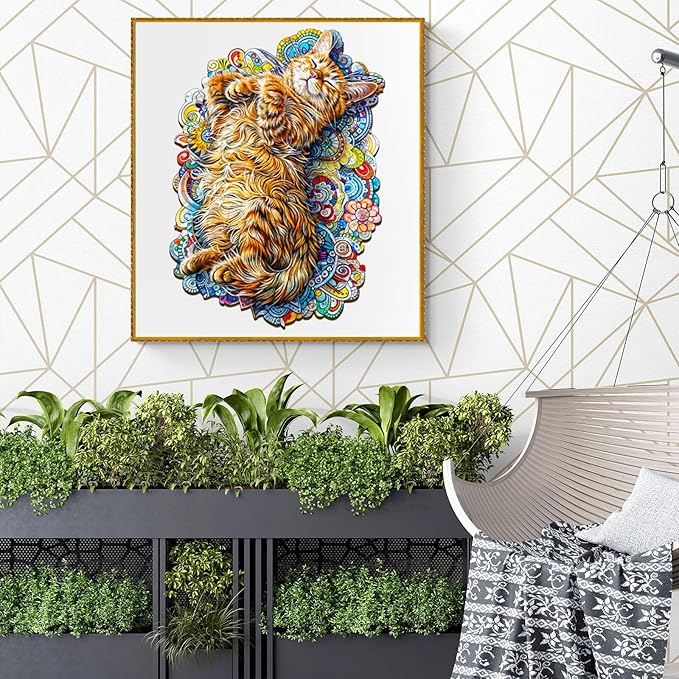 KAAYEE Wooden Puzzles for Adults, Sleeping Cat-1 90 Piece Unique Animal Shape Puzzle, Cat Wood Puzzle for Adults, Creative Gifts for Friends/Family, Home Decor(8.5 * 6.1in)