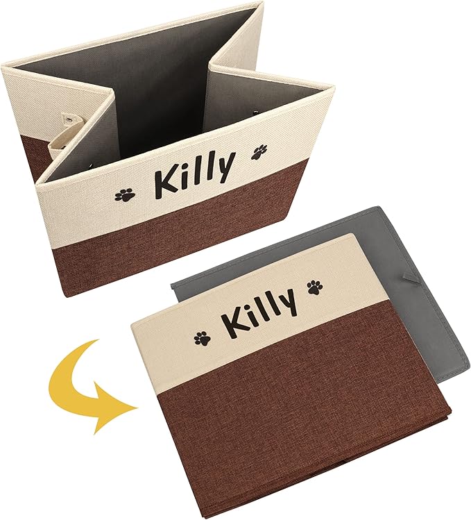 PET ARTIST Large Dog Toy Basket, Custom Toy Bin Box Personalized with Pet's Name, Collapsible Pet Storage Baksets With Handle for Toys,Blankets,Accessories- Brown