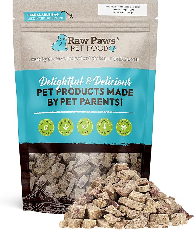 Raw Paws Freeze Dried Beef Liver Dog & Cat Treats (8-Ounce) - Made in USA - Small Liver Bites - Training & Diabetic Dog Treats