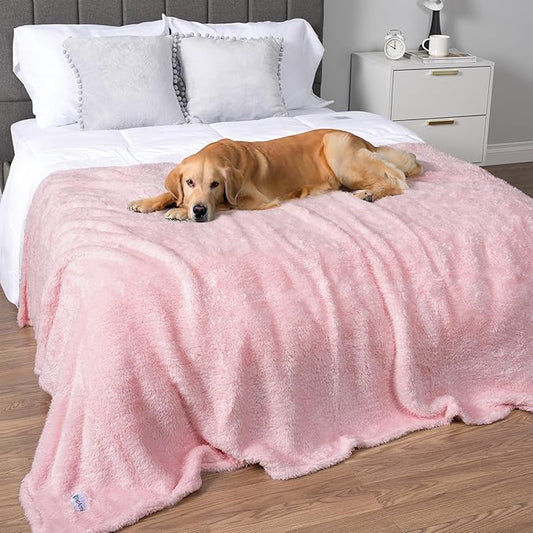 PetAmi Fluffy Waterproof Dog Blanket for Bed Large Dogs, Soft Warm Pet Sherpa Throw Pee Proof Couch Cover, Reversible Cat Blanket Sofa Crate Kennel Protector, Washable Mat Queen (Pink Blush, 90x90)