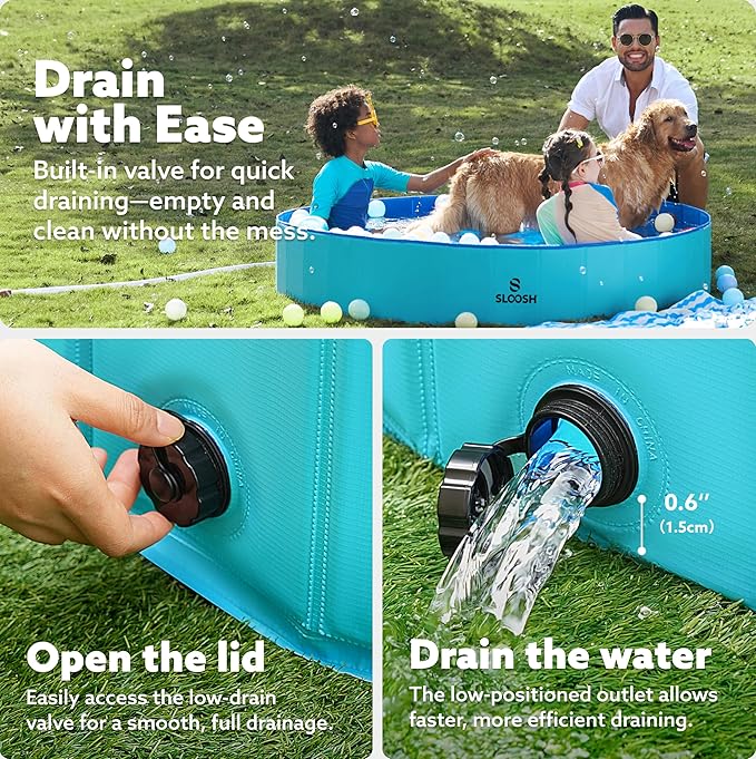 SLOOSH Foldable Dog Kiddie Pool - Portable Hard Plastic Doggie Swimming Pool, Anti-Slip Collapsible Pets Bath Tub Suitable for Kids Toddler Indoor Outdoor Backyard Use (Blue, 63" x 12")