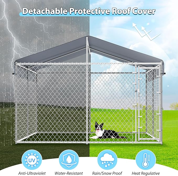10x10ft Large Dog Kennel Outdoor, Heavy-Duty Outside Dog Kennel with Roof, Security Latch-Lock Door, Chain-Link Dog Enclosure Dog Run for Yard with Cover