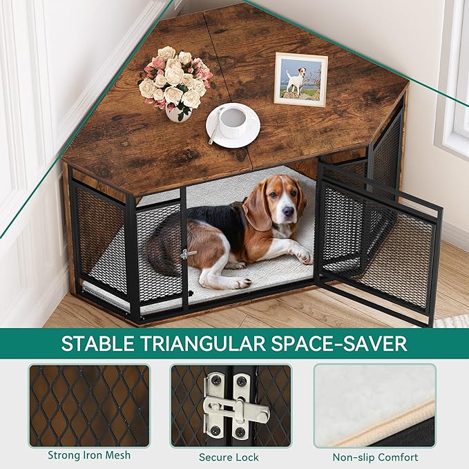 YITAHOME Corner Dog Crate Furniture, 52" Wooden Dog Crate with Dog Cushion, Dog Kennel Indoor for Small Medium Large Dogs, Brown