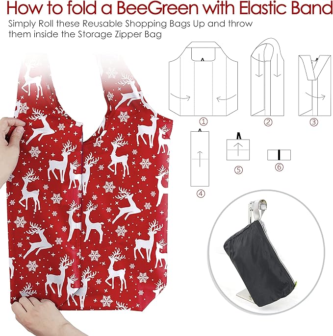 BeeGreen Christmas Reusable Grocery Bags 10 Pack Reusable Shopping Bags Bulk Christmas Gifts Tote Bags with Zipper Storage Pouch Elastic Band Foldable-Machine Washable