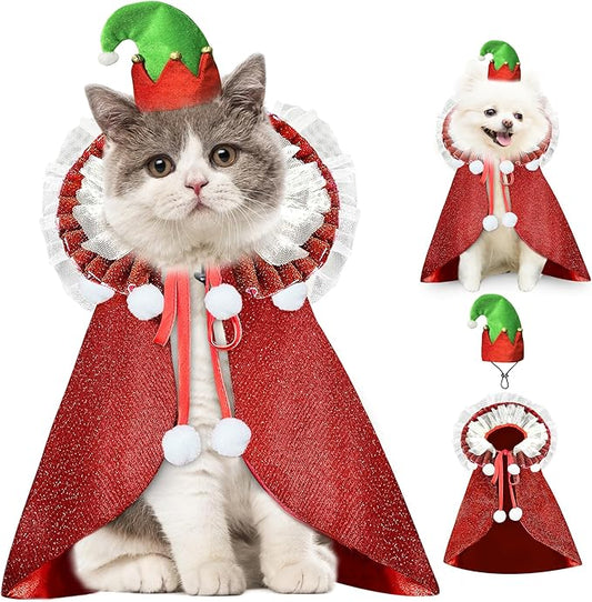 KOUPA Pet Christmas Costume with Hat, Dog Halloween Clothes Cosplay Wizard Cloak for Small Puppy Kitten Animal, Shiny Cat Outfit Suit for Party Holiday, Red