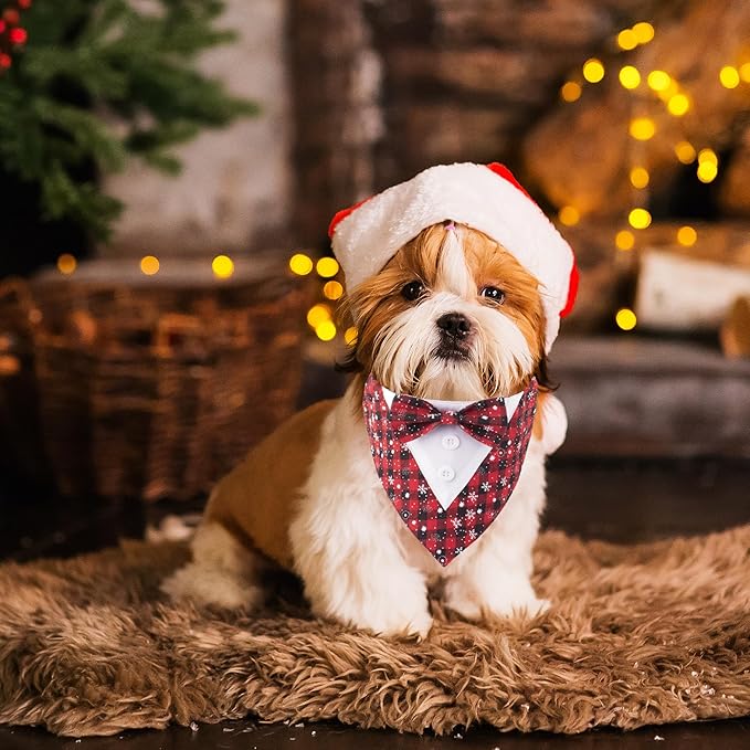 ADOGGYGO Christmas Dog Tuxedo Bandana, Red Plaid Pet Chritstmas Tux with Bowtie Adjustable Christmas Formal Costume for X-Small Dogs Pets (XS)