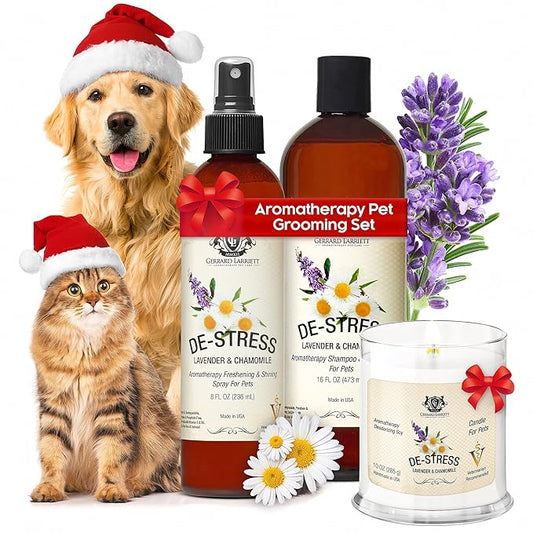 Dog Shampoo and Conditioner Aromatherapy Pet Bundle Set Itchy Skin Relief - De-Stress Dog Grooming Bundle with Dogs Calming Spray Scent Mist, and Pet Odor Eliminator Candle - Lavender & Chamomile