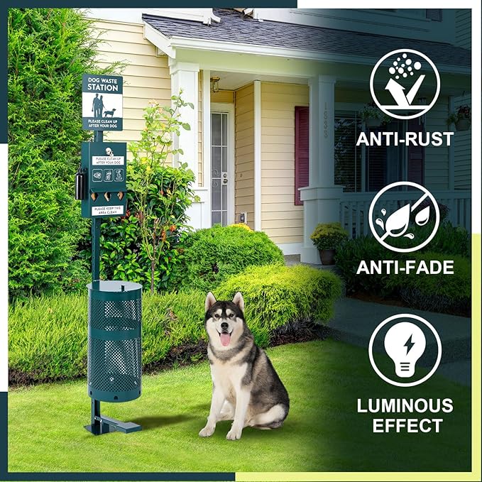 Pet Waste Station, Includes 600 Roll Bags, Dog Waste Station with Foot Pedal, Dog Poop Sign, Bag Dispenser, Hand Sanitizer Bottle and Covered Outdoor Trash Can for Parks, Trails Outdoor