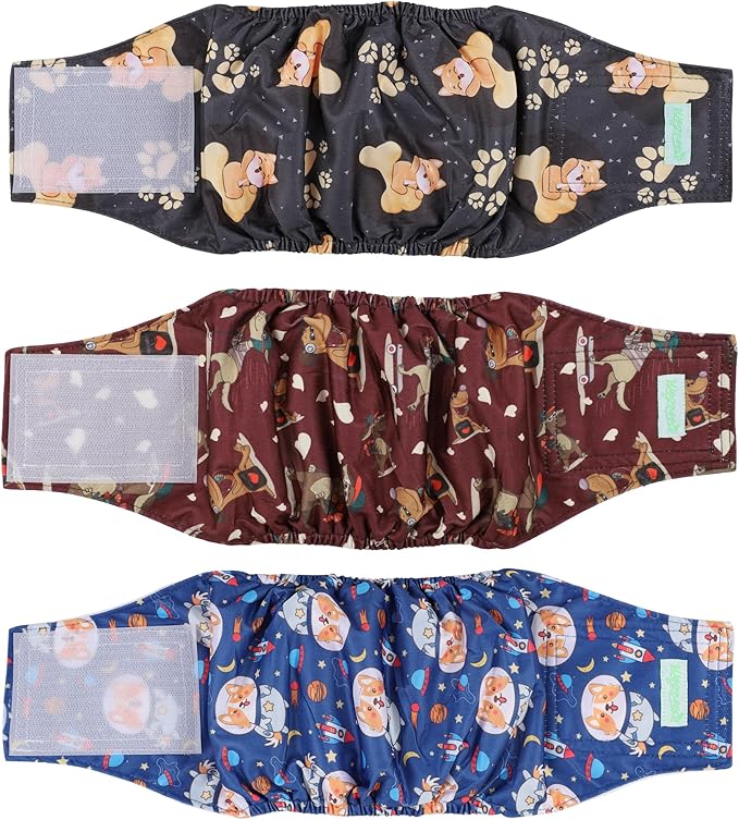 wegreeco Washable Male Dog Belly Band (Stylish Pattern)- Pack of 3 - Washable Male Dog Belly Wrap, Dog Diapers Male (Funny Dogs, Large)