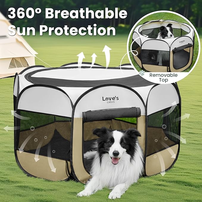 Love's cabin Pet Puppy Dog Playpen, Large Dog Tent Crates Cage Indoor/Outdoor, Portable Playpen for Cat, Foldable Pop Up Dog Kennel Playpen with Carring Case, Removable Zipper Top, Khaki