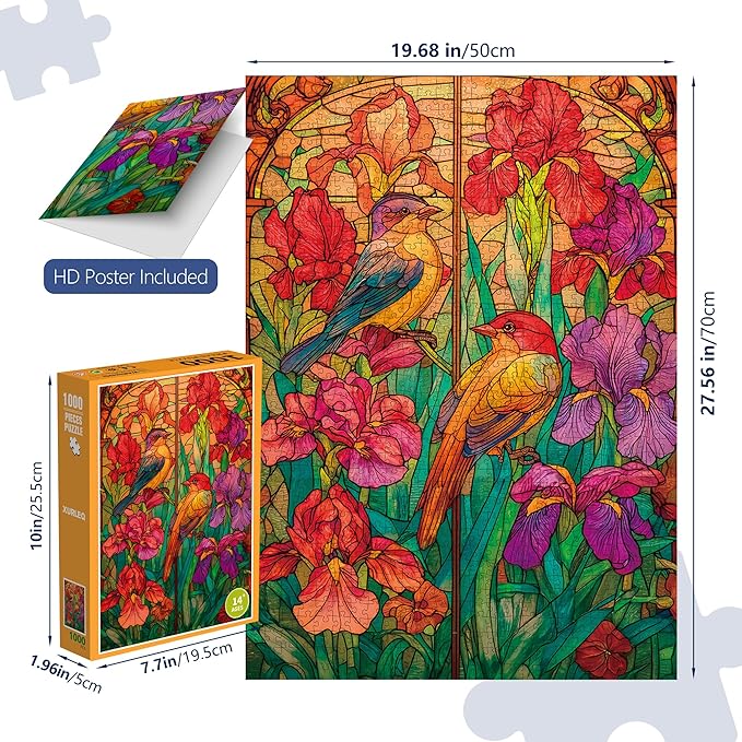 Stained Glass Flora & Fauna Jigsaw Puzzles 1000 Pieces for Adults -Challenging Glass Mosaic Art, Premium Matte Finish, 27.56 x 19.68 Inches, Perfect for Game Nights