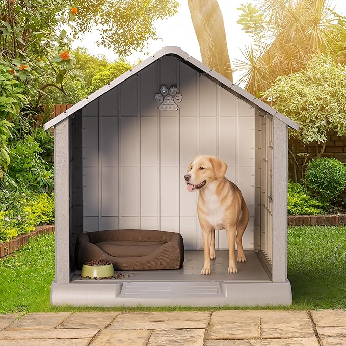 Dog House Outdoor Indoor - Waterproof, Ventilated, Easy to Clean, Elevated Floor for Small-Large Dogs, Easy to Assemble (Grey, 37.2" L x 40" W x 40" H)