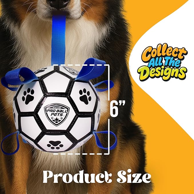 ProBall Pets Interactive Dog Soccer Ball with Grab Tabs - Floats on Water, Fetch & Training Toy for Small Medium Dogs, Herding Breeds - Waterproof Non-Toxic - 6" White Blue