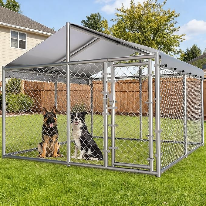 10x10ft Large Dog Kennel Outdoor, Heavy-Duty Outside Dog Kennel with Roof, Security Latch-Lock Door, Chain-Link Dog Enclosure Dog Run for Yard with Cover